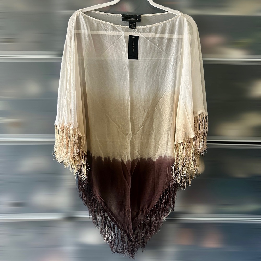 Lane Bryant Venezia Ombre Fringe Poncho shall Sheer Brown Ivory One Size